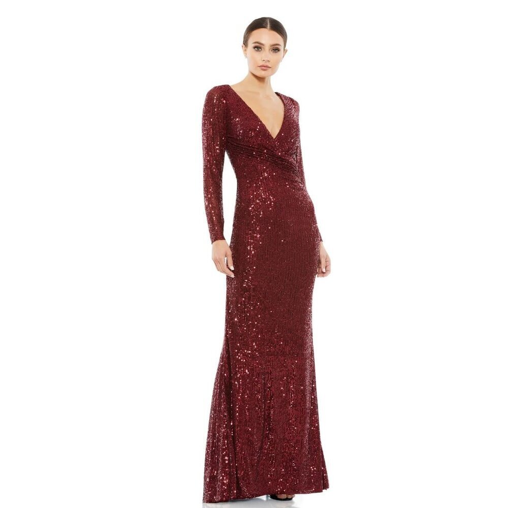 NWT Mac Duggal Sequined Faux Wrap Long Sleeve Column Gown Wine 2